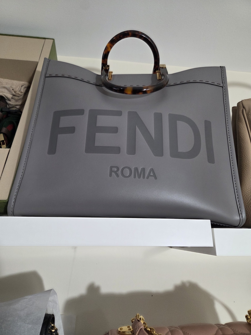 Fendi Grey Leather Roma Tote with Tortoiseshell Handle